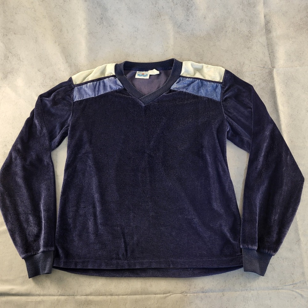 Vintage JC Penney Velour Shirt Mens Medium V Neck Blue Read Description